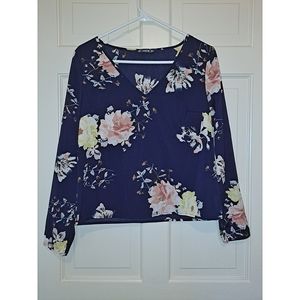 Women’s long sleeve navy floral blouse party travel winter holiday casual work